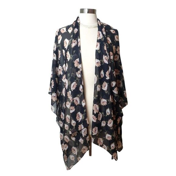 Black Floral Open Front Kimono OS Boho Sheer Shawl Wrap Cardigan Festive Cottage - Picture 1 of 5